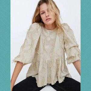Zara Beige Fringe Cotton Linen Balloon Sleeve Peplum Tunic